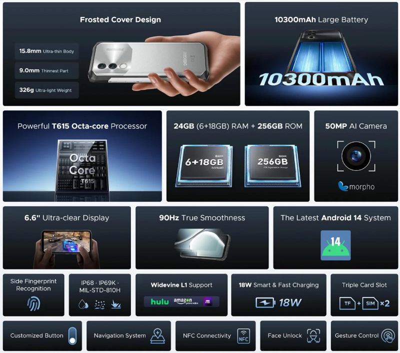 DOOGEE smartphone Blade10 Power, 6.6", 6/256GB, 10300mAh, IP68/IP69K, μαύρο