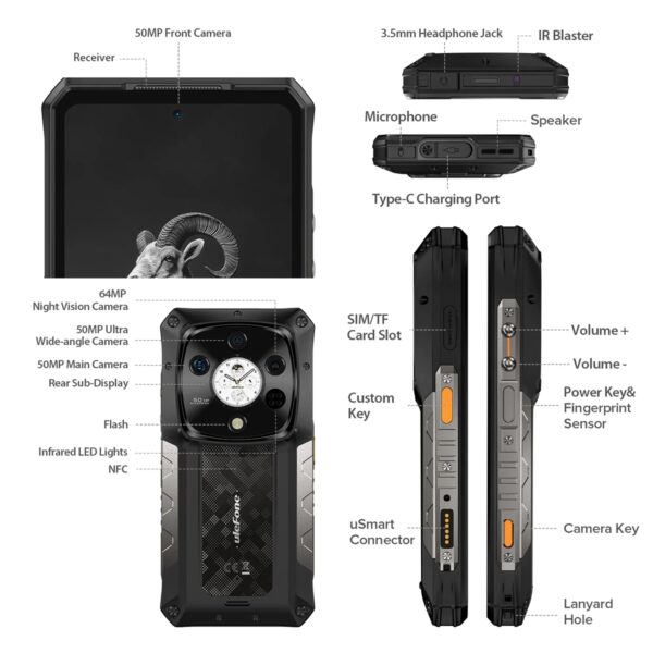 ULEFONE smartphone Armor 28 Pro, 6.67" & 1.04, 16/512GB, 5G, 10600mAh, IP68/IP69K/MIL-STD-810H, μαύρο - Image 6